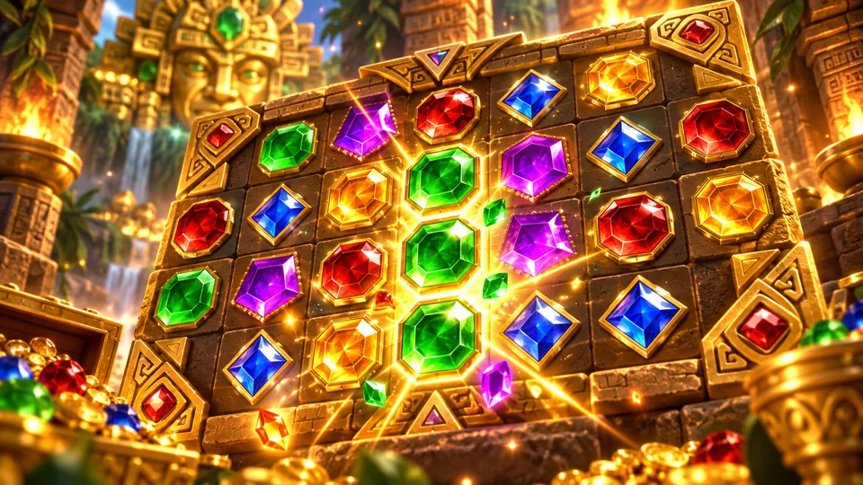Grade 8×8 do Gems Bonanza com clusters de gemas conectadas